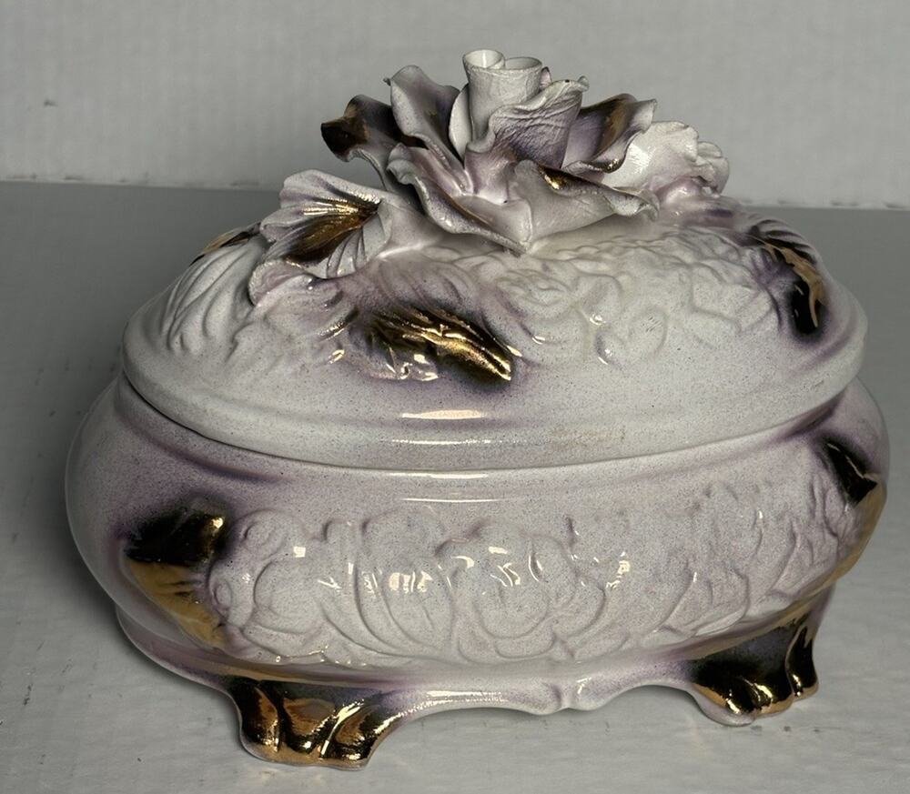 Capodimonte Hand Painted Flowers White Gold Footed Covered Dish